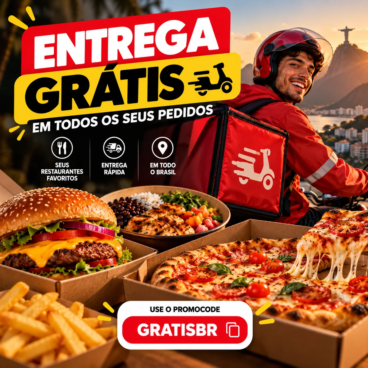 Sabores brasileiros: burger, pizza, fritas e prato de frango em uma campanha Brasa